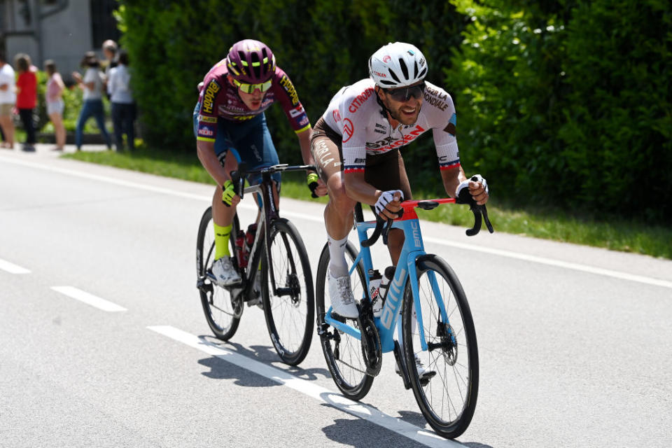 TRE CIME DI LAVAREDO ITALY  MAY 26 LR Veljko Stojni of Serbia and Team Corratec  Selle Italia and Larry Warbasse of The United States and AG2R Citron Team compete in the breakaway during the 106th Giro dItalia 2023 Stage 19 a 183km stage from Longarone to Tre Cime di Lavaredo 2307m  UCIWT  on May 26 2023 in Tre Cime di Lavaredo Italy Photo by Tim de WaeleGetty Images