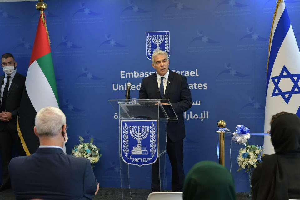 In this photo made available by the Israeli Government Press Office, Israeli Foreign Minister Yair Lapid speaks during the inauguration of the Israeli Embassy in Abu Dhabi, United Arab Emirates, Tuesday, June 29, 2021. Israel’s new foreign minister is in the UAE on the first high-level trip by an Israeli official to the Gulf Arab state since the two countries normalized relations last year. (Shlomi Amsalem/Government Press Office via AP)