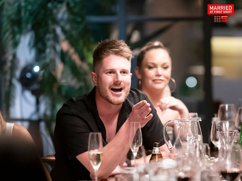 mafs bryce angry scene dinner party as melissa looks on