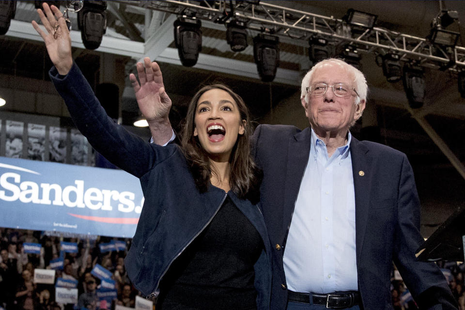 Sen. Bernie Sanders (I-Vt.) and Rep. Alexandria Ocasio-Cortez (D-N.Y.) at a campaign stop in Durham, New Hampshire, on Feb. 10. Sanders ended his Democratic presidential run on April 8. (Photo: Andrew Harnik/ASSOCIATED PRESS)