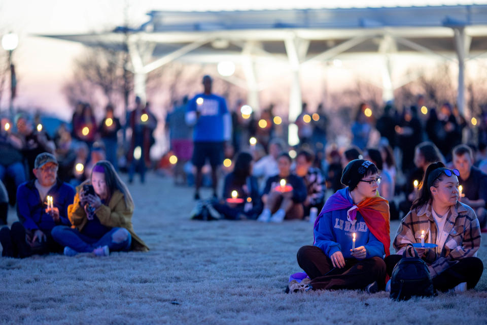 Hundreds attend a vigil on Feb. 25 at Redbud Festival Park for Nex Benedict, an Owasso teen who died earlier in February, one day after they were hospitalized for injuries suffered in a school fight in Owasso.