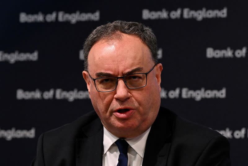 FILE PHOTO: Governor of the Bank of England Andrew Bailey attends a press conference in London