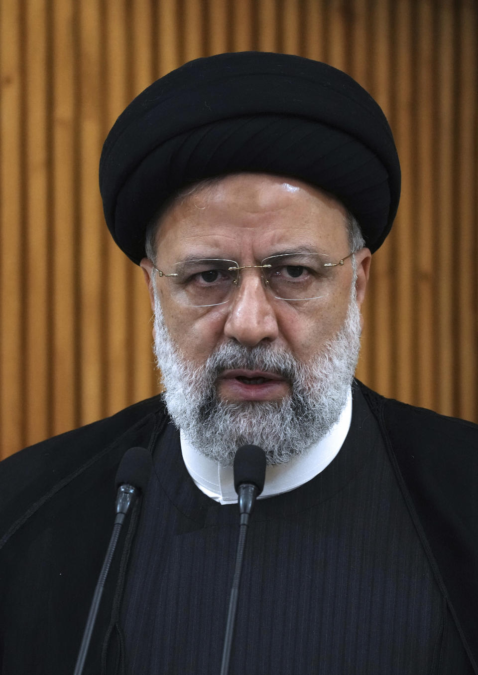 Iranian President Ebrahim Raisi speaks prior to leave Tehran's Mehrabad airport to New York to attend annual UN General Assembly meeting, Monday, Sept. 19, 2022. Raisi headed to New York on Monday, where he will be speaking to the U.N. General Assembly later this week, saying that he has no plans to meet with President Joe Biden on the sidelines of the U.N. event. (AP Photo/Vahid Salemi)