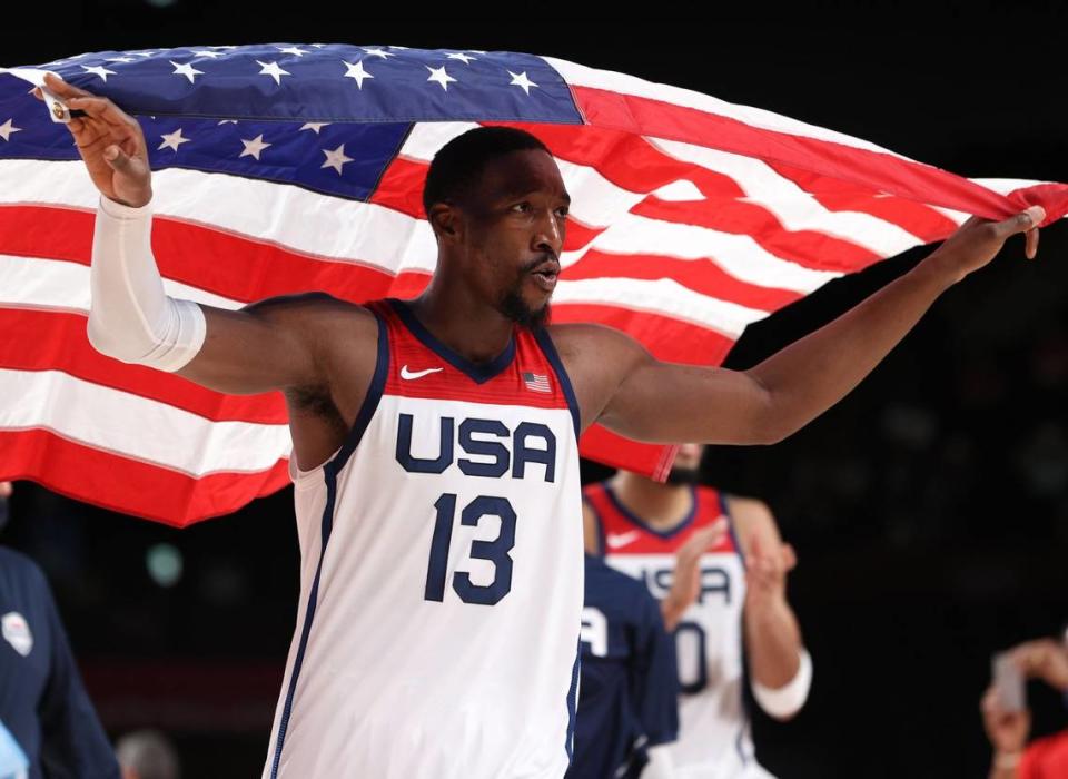 Bam Adebayo #13 of Team USA celebrates following the United States’ victory over France in the Men’s Basketball Finals game on Day 15 of the Tokyo 2020 Olympic Games at Saitama Super Arena on Aug. 7, 2021 in Saitama, Japan.