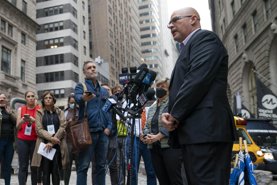 FILE — Michael Mulgrew, president of the United Federation of Teachers, a New York City teachers union, takes questions from reporters during a news conference, Oct. 4, 2021, in the Manhattan borough of New York. New York Mayor Eric Adams is considering allowing the nation's largest school district to return to some form of virtual instruction as the city weathers a wave of coronavirus cases, a reversal from his pledge a week ago to keep children in schools. (AP Photo/John Minchillo, File)