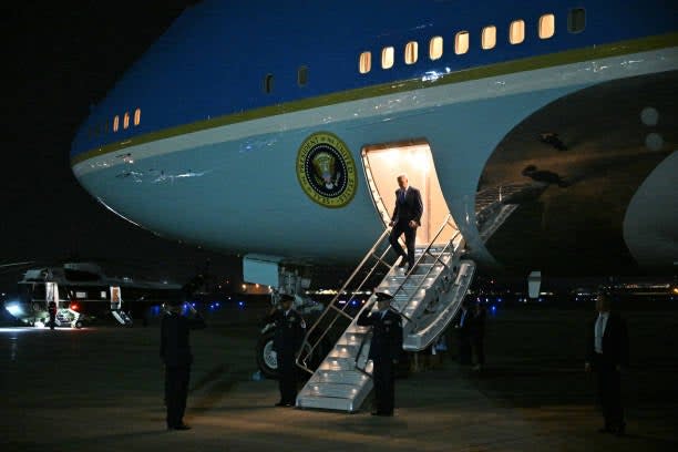 US president Joe Biden steps off Air Force One upon arrival at Joint Base Andrews in Maryland on 8 May 2023 (AFP via Getty Images)