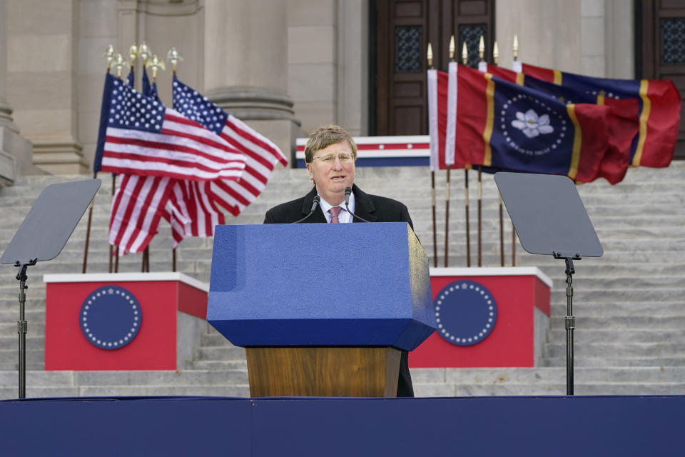 Mississippi Republican Gov. Tate Reeves delivers his address during his inauguration for a second term, at the Mississippi State Capitol in Jackson, Miss., Tuesday, Jan. 9, 2024. (AP Photo/Rogelio V. Solis)