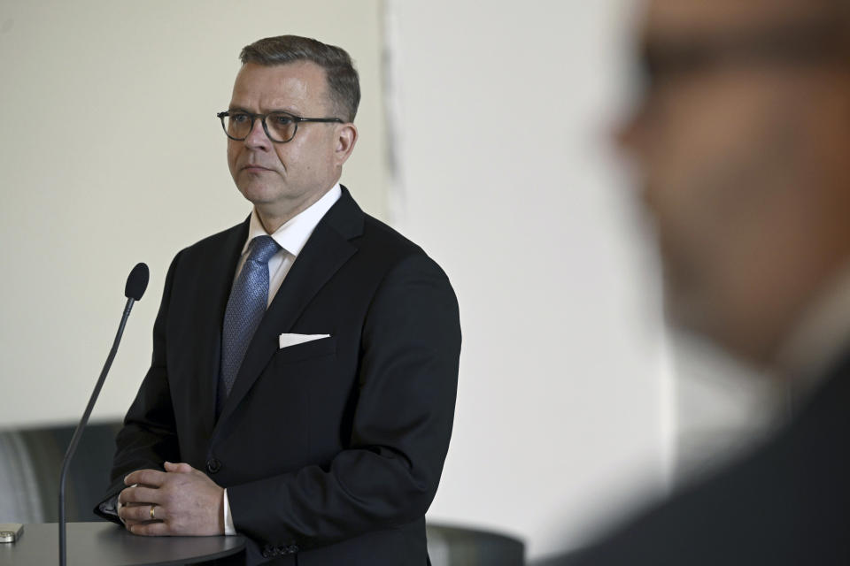 National Coalition Party chair Petteri Orpo looks on during his press conference after the parliament elected him as a new Prime Minister, at the Finnish Parliament in Helsinki, Finland, Tuesday June 20, 2023. (Antti Aimo-Koivisto/Lehtikuva via AP)
