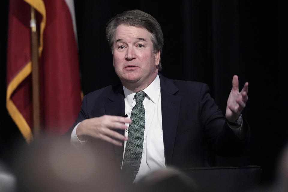 Supreme Court Justice Brett Kavanaugh answers questions during a judicial conference, Friday, May 10, 2024, in Austin, Texas. (AP Photo/Eric Gay)