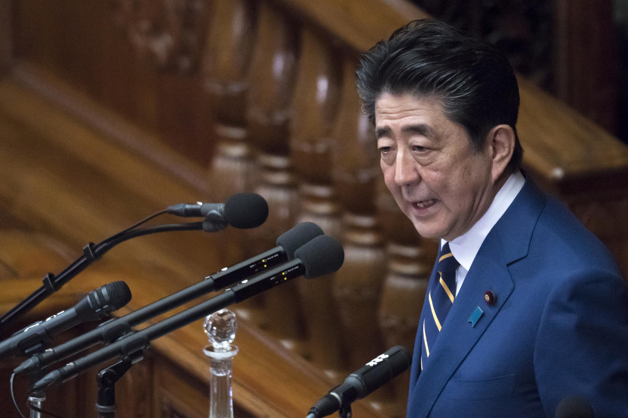 TOKYO, JAPAN - JANUARY 20: Japan's Prime Minister Shinzo Abe delivers his policy speech at the lower house of the parliament on January 20, 2020 in Tokyo, Japan. The Japanese Diet convened a 150-day ordinary session today.  (Photo by Tomohiro Ohsumi/Getty Images)