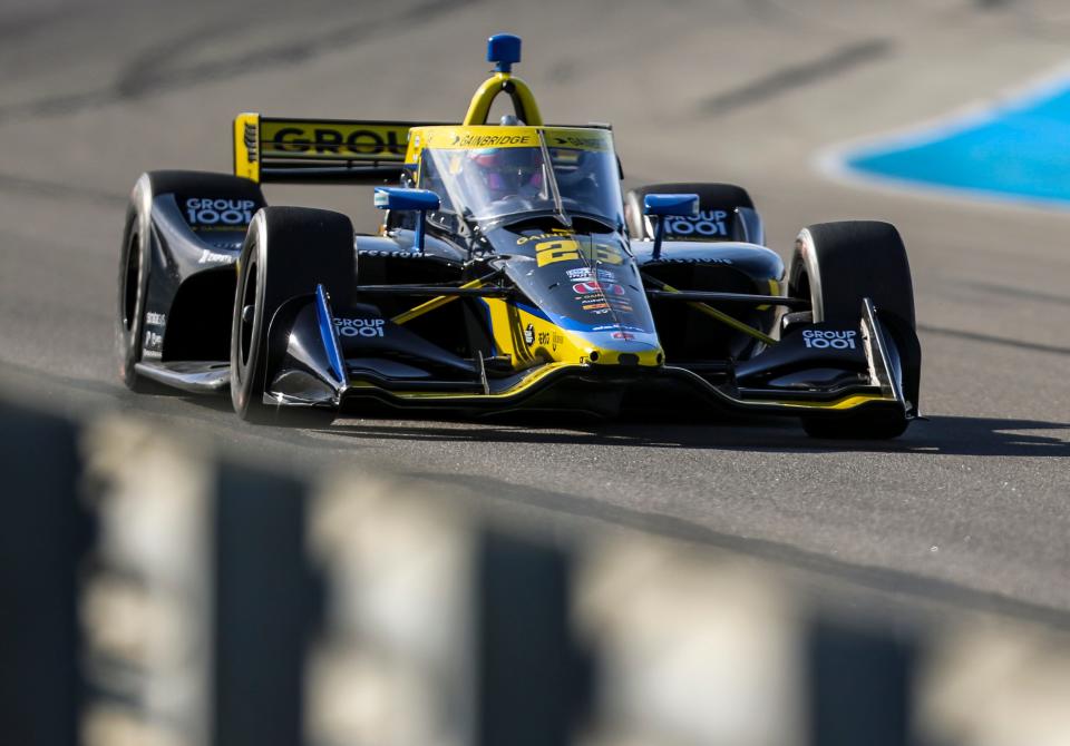 Colton Herta of Andretti Autosport w/ Curb-Agajanian drives down the back straight out of turn 14 during day one of NTT IndyCar Series open testing at The Thermal Club in Thermal, Calif., Thursday, Feb. 2, 2023. 