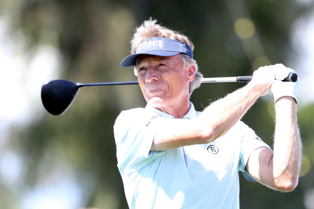 Bernhard Langer tees off on the second hole during the pro-am day at Galleri Classic in Rancho Mirage, Calif., on Thursday, March 23, 2023.