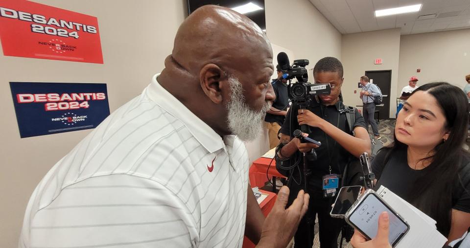 Ron McFarland, of Ames, speaks with reporters after Vivek Ramaswamy spoke at an event in Boone, Iowa on Thursday, Aug. 31, 2023.