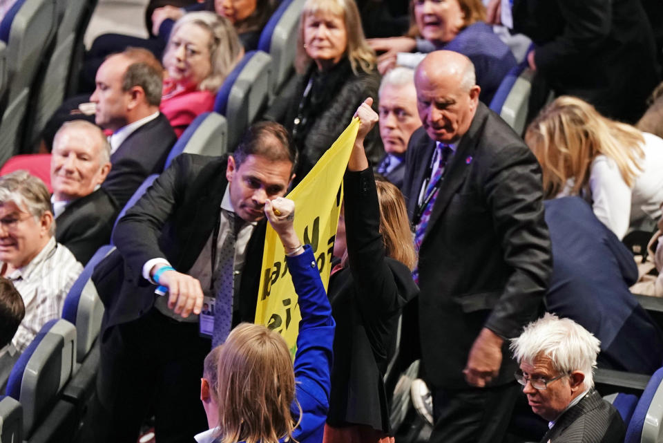 Tolga demonstration during Prime Minister Liz Truss speech during the Conservative Party annual conference at the International Convention Centre in Birmingham. Picture date: Wednesday October 5, 2022.