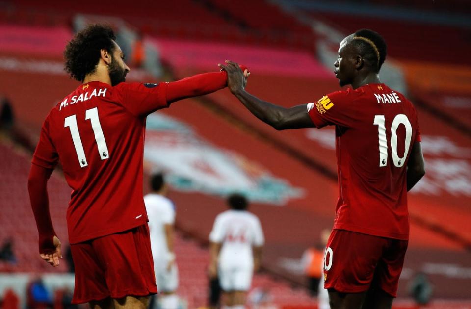 Sadio Mane and Mohamed Salah celebrate a goal for Liverpool against Crystal Palace (Phil Noble/NMC Pool/PA) (PA Archive)