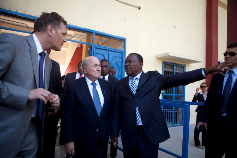 Jean-Bart in April 2013 with then Fifa president Sepp Blatter and Fifa secretary general Jerome Valcke, left, at the national stadium in Port-au-Prince, Haiti.