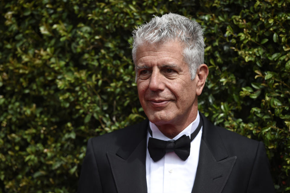 Anthony Bourdain arrives at the Creative Arts Emmy Awards at the Microsoft Theater on Saturday, Sept. 12, 2015, in Los Angeles. (Photo by Chris Pizzello/Invision/AP)