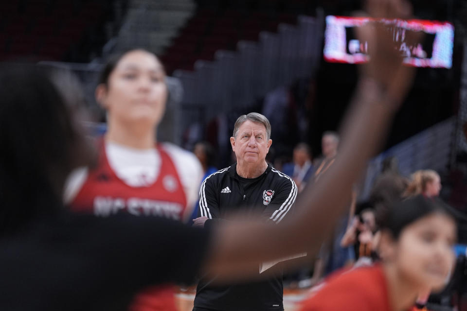 North Carolina State head coach Wes Moore watches during a practice for an NCAA Women's Final Four semifinals basketball game Thursday, April 4, 2024, in Cleveland. (AP Photo/Morry Gash)