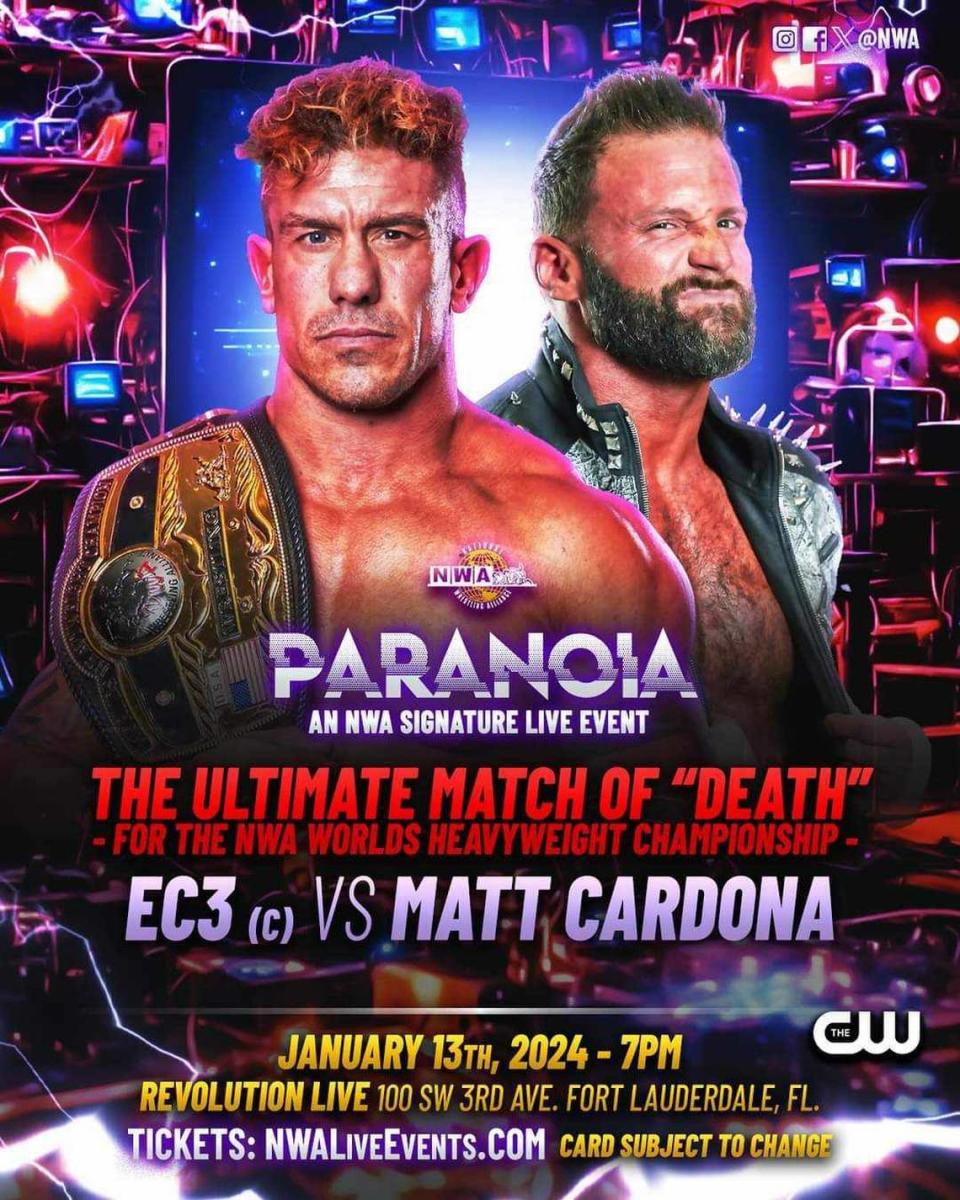 A huge main event with NWA Champ EC3 vs. Matt Cardona at NWA Paranoia on Saturday, Jan. 13 at Revolution Live in Fort Lauderdale.