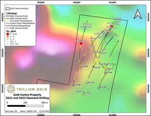 Plan showing drill holes GC21-01 through GC22-11 on the Gold Centre Property and the regional magnetics survey. Assays shown in g/t gold.