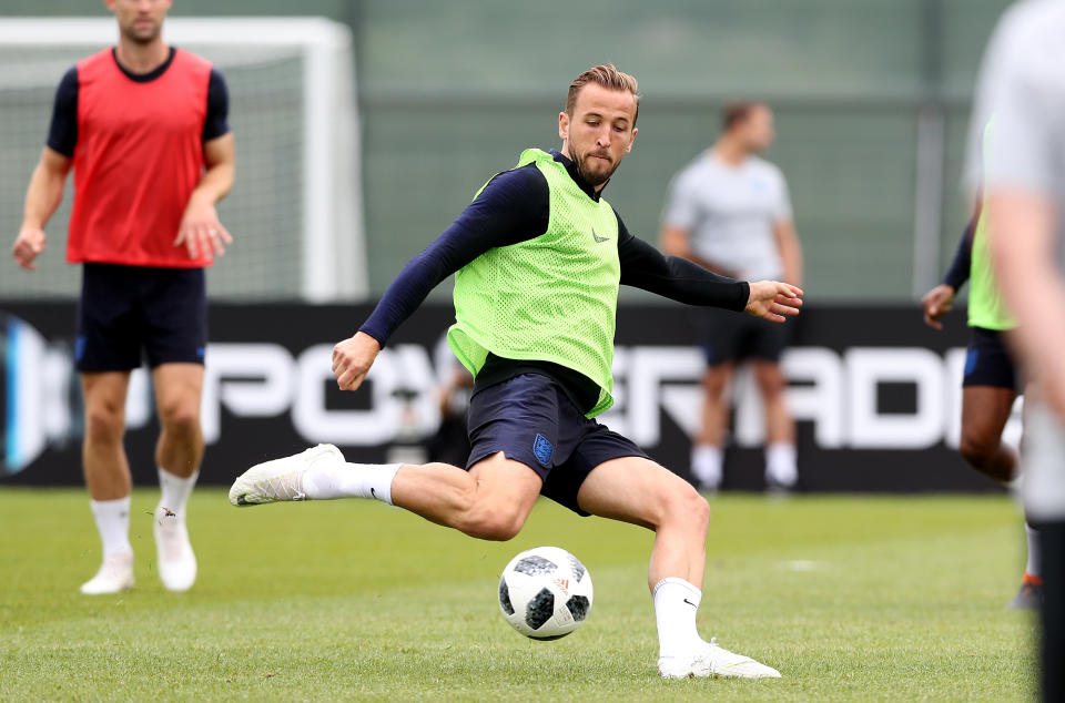 Harry Kane gets his eye in during the Three Lions’ first training session. (Getty)