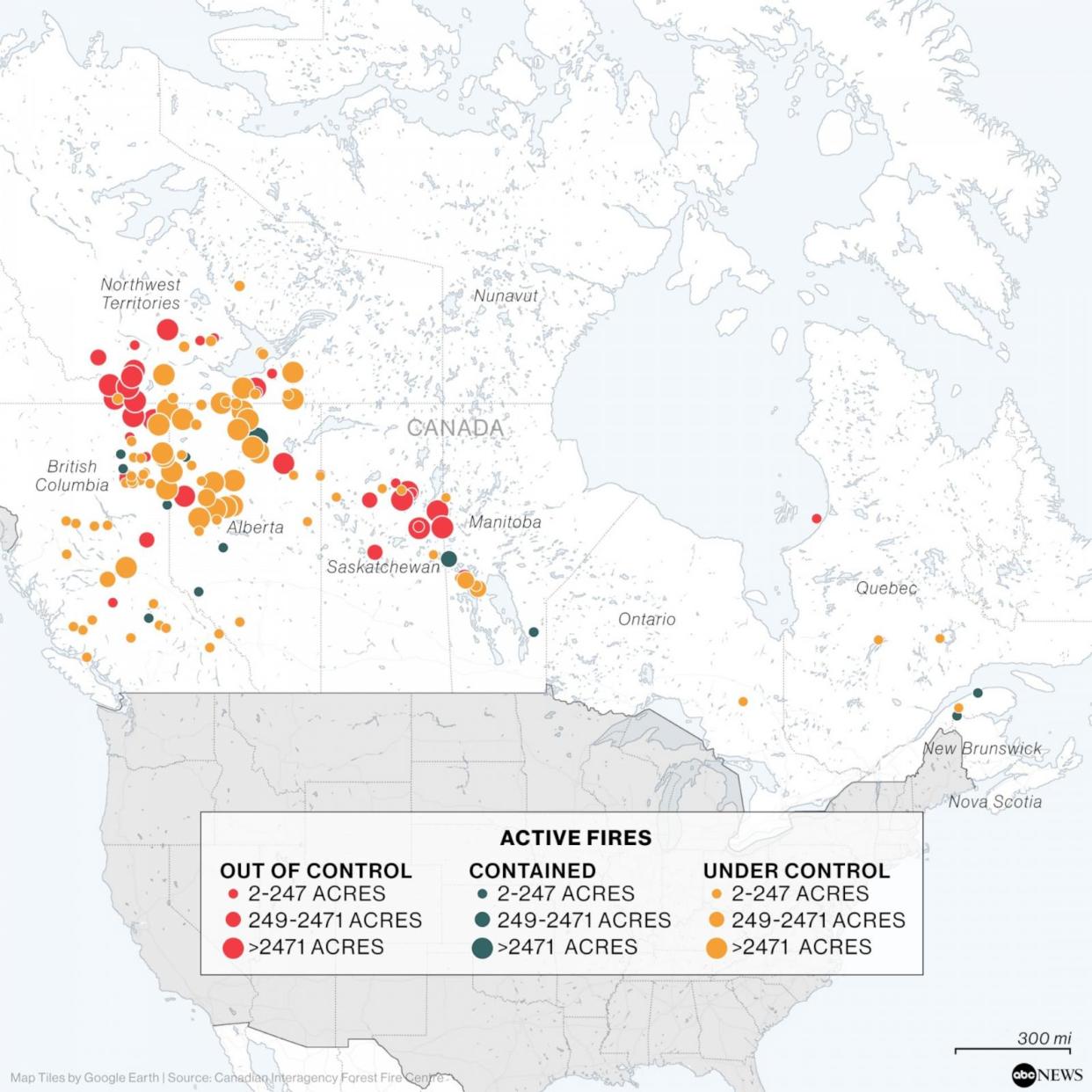 PHOTO: Map of Canadian Wildfires (ABC News, Canadian Interagency Forest Fire Centre)