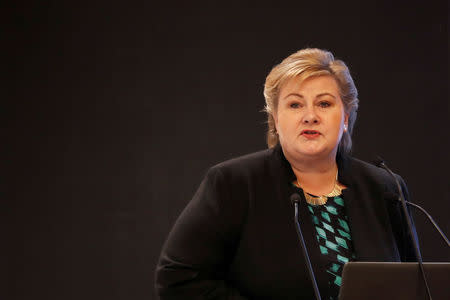 FILE PHOTO: Norway's Prime Minister Erna Solberg speaks during India-Norway Business Conference in New Delhi, India, January 7, 2019. REUTERS/Adnan Abidi/File Photo