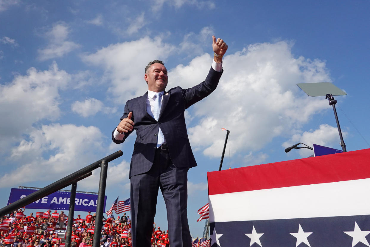 Republican gubernatorial candidate Tim Michels waves during a rally hosted by former President Donald Trump in Waukesha, Wisc, on Aug. 5, 2022.  (Scott Olson / Getty Images file)