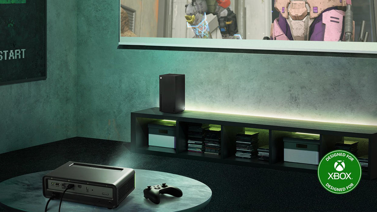  The ViewSonic X2-4K short-throw projector with an Xbox controller beside it 