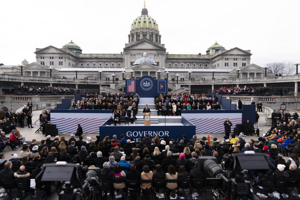 Democratic Gov. Josh Shapiro speaks after taking the oath of office to become Pennsylvania's 48th governor, Tuesday, Jan. 17, 2023, at the state Capitol in Harrisburg, Pa. (AP Photo/Matt Rourke)