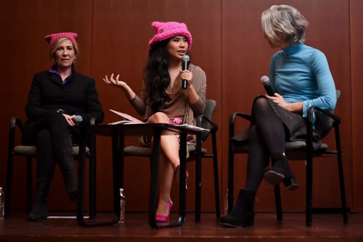 Krista Suh, center, spoke at Barnard Wednesday about her Pussyhat Project. Joining her on the panel were art history professors Joan Snitzer, left, and Anne Higonnet.
