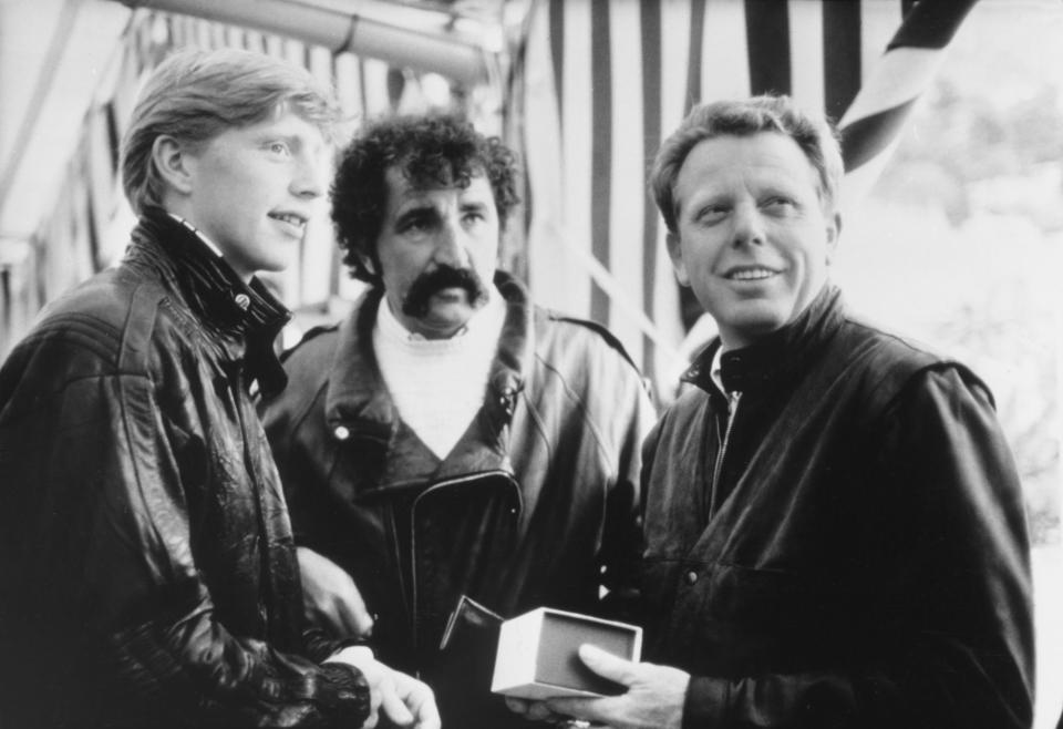 L-R Boris Becker with coach/manager Ion Tiriac and trainer/coach Günther Bosch.