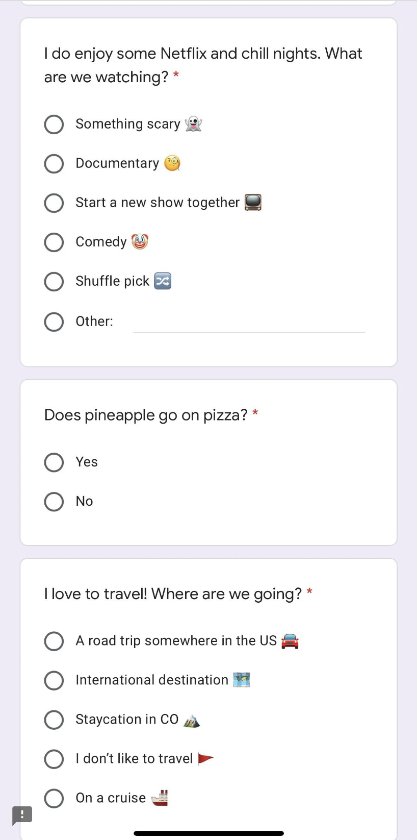 continued survery questions like does pineapple go on pizza