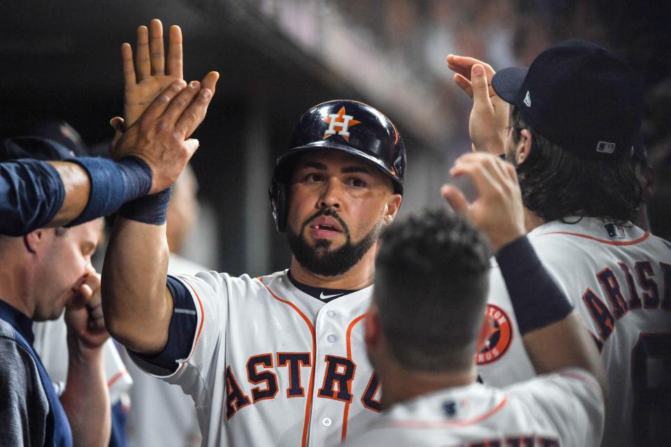 Jun 12, 2017; Houston, TX, USA; Houston Astros designated hitter Carlos Beltran (15) celebrates after scoring on a hit by third baseman Alex Bregman (2, not pictured) during the fifth inning against the Texas Rangers at Minute Maid Park. Mandatory Credit: Shanna Lockwood-USA TODAY Sports