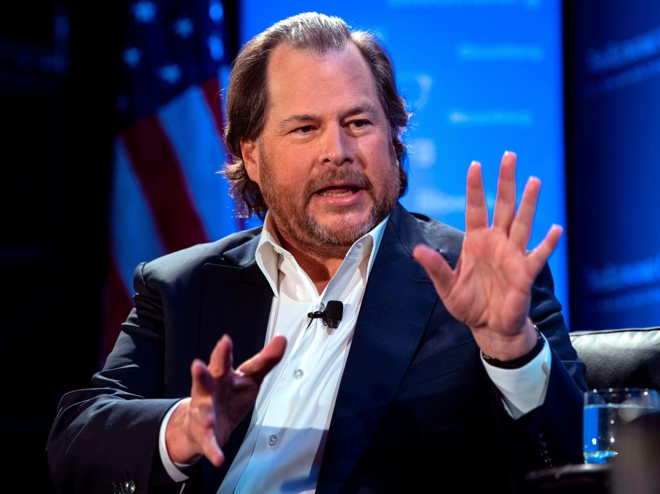 Marc Benioff, founder, chairman and co-CEO of Salesforce, speaks at an Economic Club of Washington luncheon in Washington, DC, on October 18, 2019