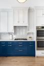 <p>If your kitchen is already all-white, just painting the lower cabinets can add mood but still allow the room to feel airy and light; here we see blue lower and white upper cabinets and a custom hood by <a rel="nofollow noopener" href="https://deringhall.com/architects/randall-architects-inc" target="_blank" data-ylk="slk:Randall Architects, Inc.;elm:context_link;itc:0;sec:content-canvas" class="link ">Randall Architects, Inc.</a></p>