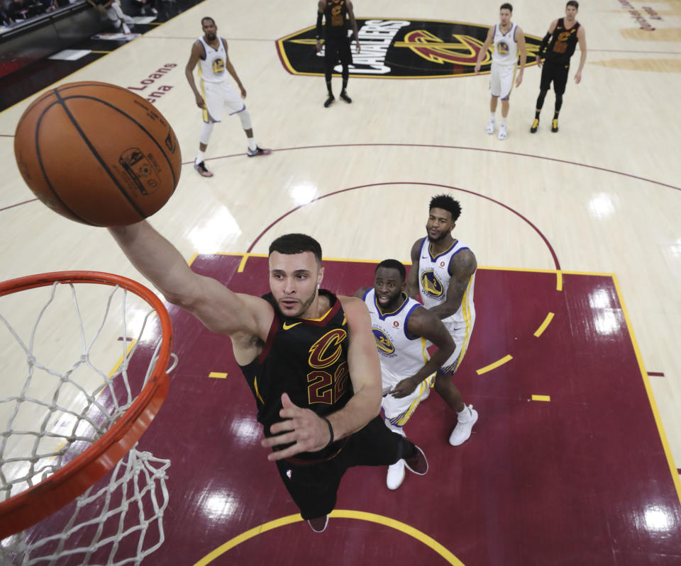 Cavaliers forward Larry Nance Jr. goes in for a dunk during the first half of Game 4 of the NBA Finals against the Warriors on June 8, 2018. (AP)