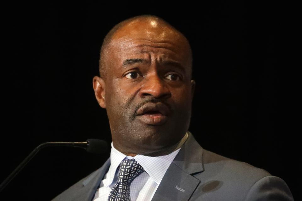 NFL Players Association executive director DeMaurice Smith speaks at the annual state of the union news conference in Miami Beach, Fla.