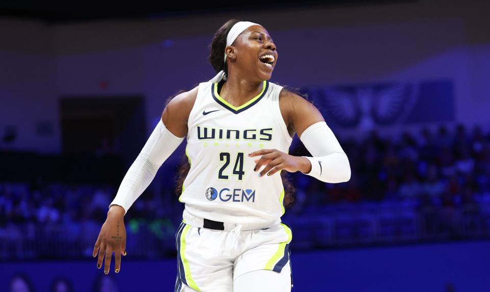 Jul 17, 2024; Arlington, Texas, USA; Dallas Wings guard Arike Ogunbowale (24) reacts during the game against the Indiana Fever at College Park Center. Mandatory Credit: Kevin Jairaj-USA TODAY Sports ORG XMIT: IMAGN-744994 ORIG FILE ID: 20240717_krj_aj6_00169.JPG