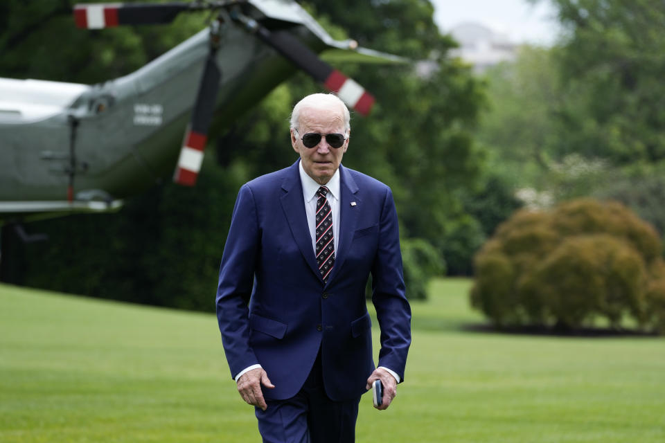 President Joe Biden returns to the White House in Washington, Sunday, May 28, 2023, after he and first lady Jill Biden were in Delaware to watch granddaughter Natalie Biden graduate from high school. (AP Photo/Manuel Balce Ceneta)