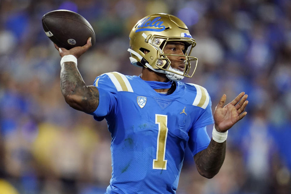 UCLA quarterback Dorian Thompson-Robinson and his undefeated Bruins face Utah this week in a major Pac-12 matchup.  (AP Photo/Marcio Jose Sanchez)
