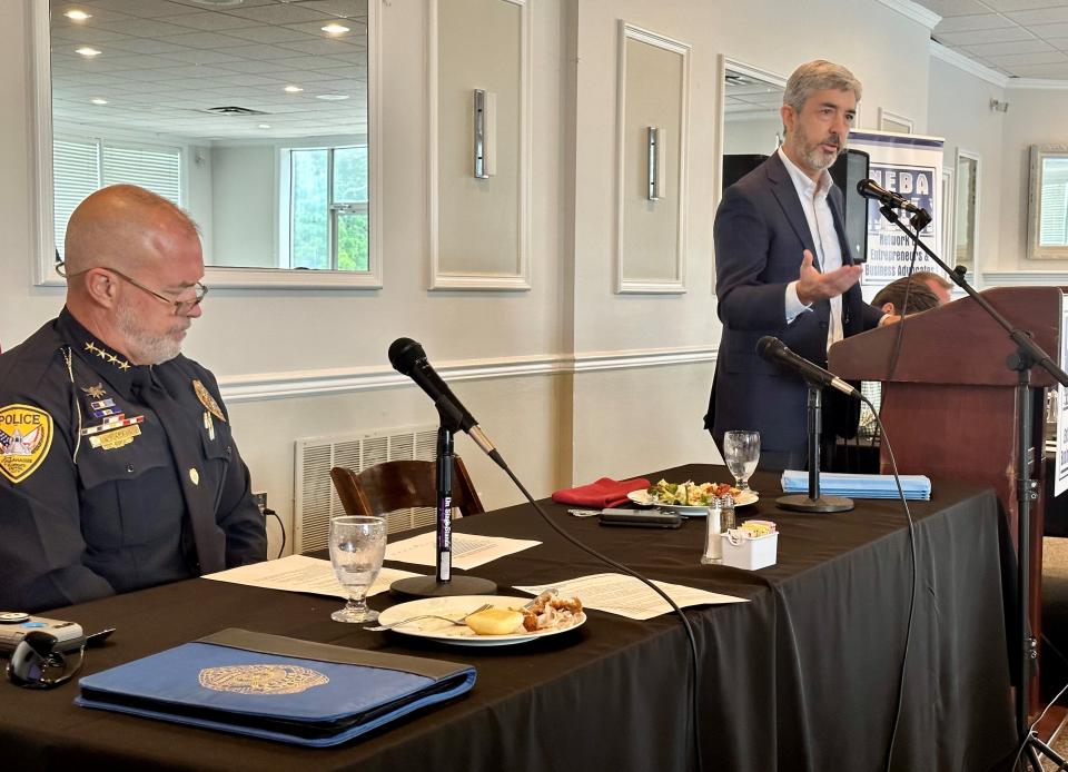 City Manager Reese Goad discusses a proposed property tax increase and efforts to reduce crime on Tuesday, Aug. 15, 2023, during a luncheon of the Network of Entrepreneurs and Business Advocates. Goad was joined at the event by Tallahassee Police Chief Lawrence Revell.