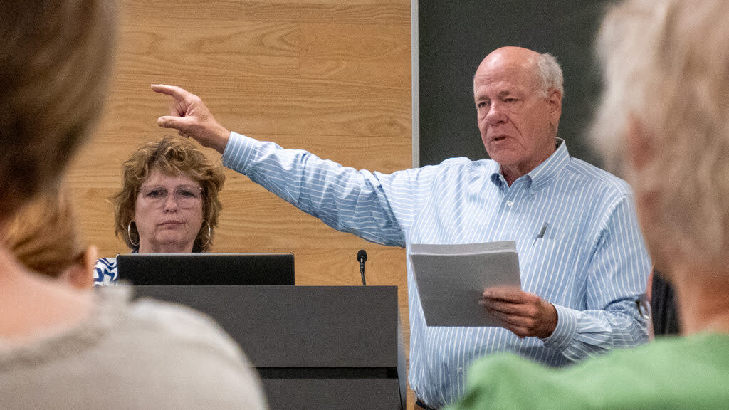Dave Ranney and Sharon Sullivan argue that Sarah Gonzales McLinn deserves clemency during a presentation May 20, 2024, at the Lawrence Public Library