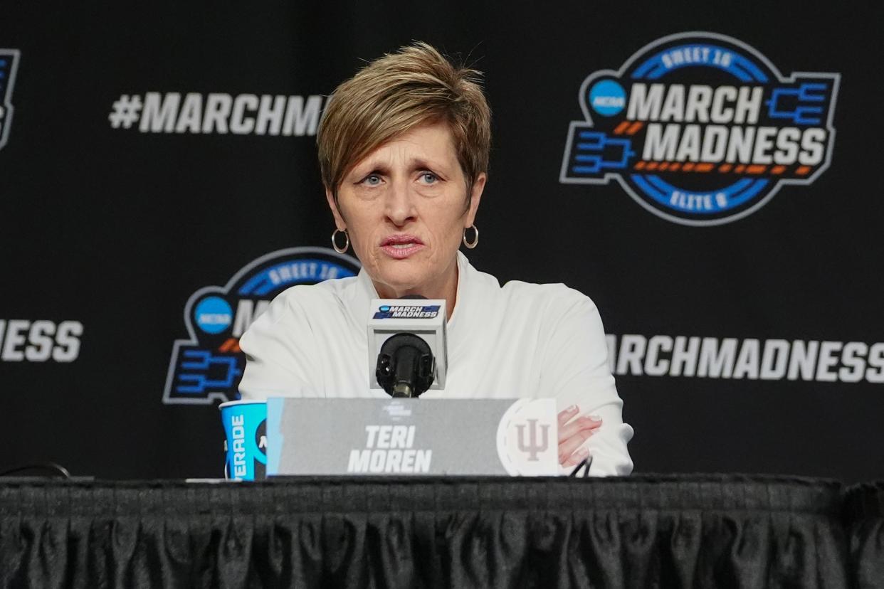 Mar 28, 2024; Albany, NY, USA; Indiana Hoosiers Head Coach Teri Moren answers questions during the press conference prior to their NCAA Tournament Sweet 16 game at MVP Arena.