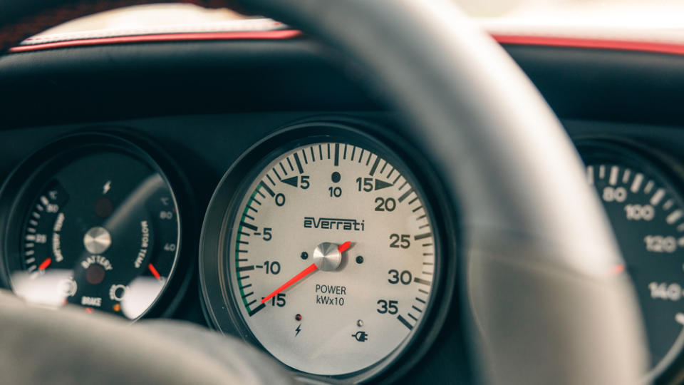 Inside, the front-and-center rev counter is swapped for a power dial. - Credit: Photo by Charlie B Photography, courtesy of Everrati Automotive Limited.