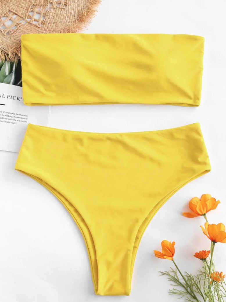 High Waisted Bandeau Bikini Set - Yellow  