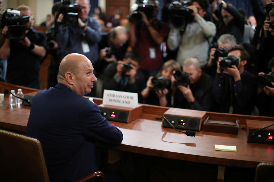 Ambassador to the European Union Gordon Sondland testifies before the House Intelligence Committee in November, as part of the impeachment inquiry into President Donald Trump. (Photo: Jonathan Ernst / Reuters)