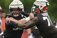 Cleveland Browns center Ethan Pocic, left, blocks offensive tackle Chris Hubbard during an NFL football practice in Berea, Ohio, Sunday, Aug. 14, 2022. (AP Photo/David Dermer)