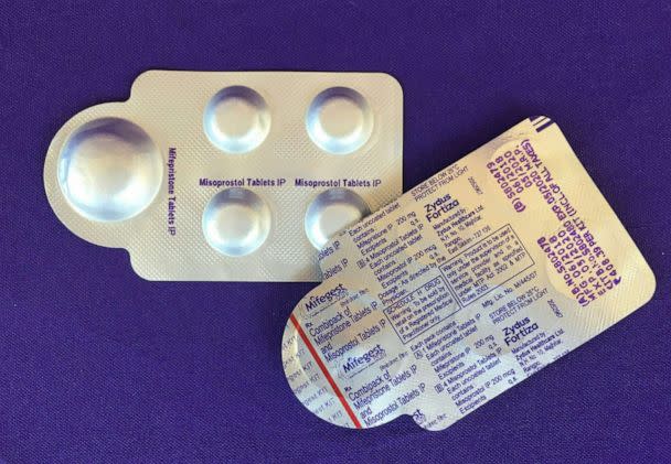 PHOTO: Plan C is a combination pack of mifepristone (L) and misoprostol tablets, two medicines used together, also called the abortion pill, May 8, 2020.  (Elisa Wells/PLAN C/AFP via Getty Images, FILE)