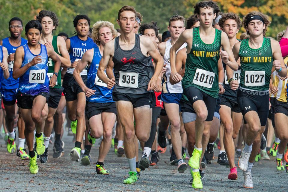 St. Mark's lead runners sophomore Alec Jurgaitis (left) and junior Brian Yeager (right) compete in the 2023 Joe O'Neill Invitational at Bellevue State Park on Thursday, Oct. 19, 2023. Jurgaitis and Yeager are two runners in a tight pack of Spartans that are putting together a promising season in Division II.